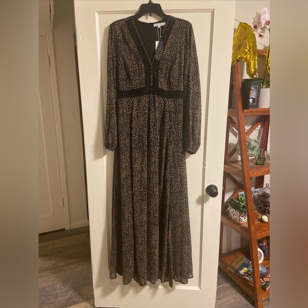 Baltic Born Maxi Dress Long Sleeves Black & Tan Flowy NWT Cha Cha Print Large